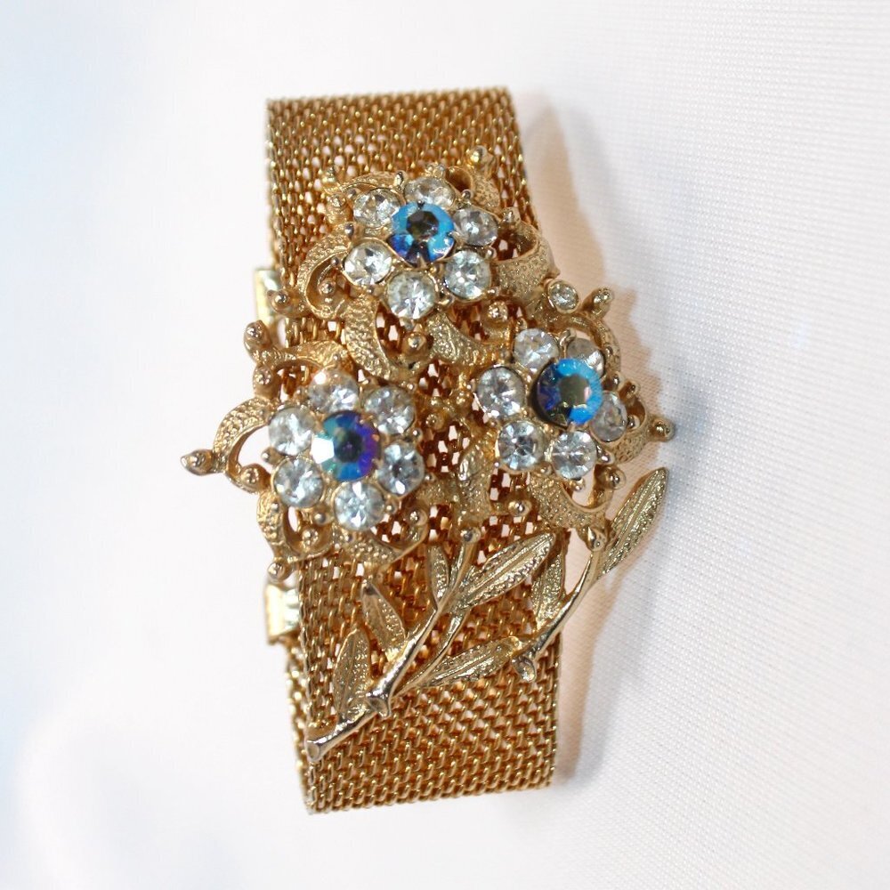 Vintage Gold Tone Mesh Bouque Bracelet with Aurora Borealis Floral Centers